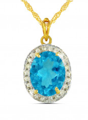 18K Gold Genuine Diamond Swiss Blue Topaz Pendant Necklace 0.12 Carat