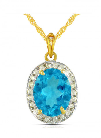 18K Gold Genuine Diamond Swiss Blue Topaz Pendant Necklace 0.12 Carat