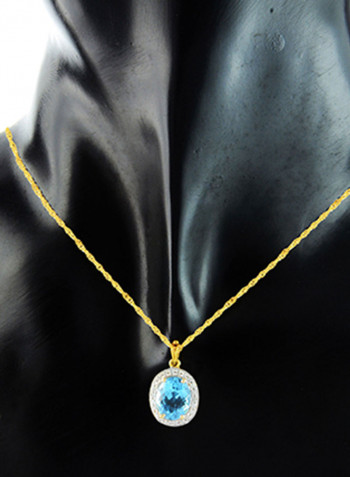 18K Gold Genuine Diamond Swiss Blue Topaz Pendant Necklace 0.12 Carat