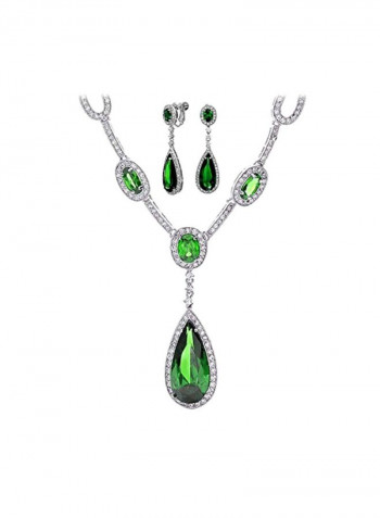 Brass Rhodium Plated Cubic Zirconia And Emerald Studded Bridal Jewellery Set