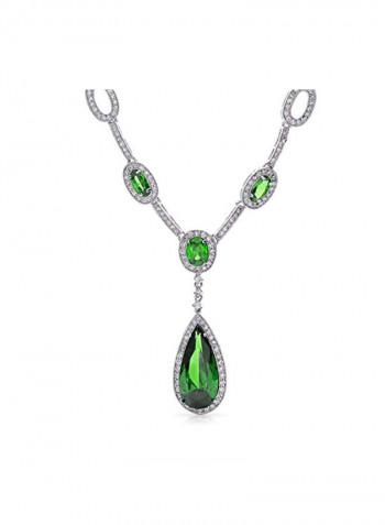 Brass Rhodium Plated Cubic Zirconia And Emerald Studded Bridal Jewellery Set