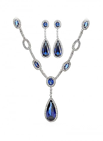 Rhodium Plated Brass Cubic Zirconia Studded Necklace And Earrings Set