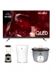 50 Inch QLED Android Smart TV With SoundBar System, Air Purifier 5-Layer Filters With True Hepa Control, 1.5 Liters 2 Speed Glass Jar Blender And 4.5 Liters 2 In 1 Rice Cooker With Steamer 50EV350QA/EVAP-24W/EVKA-BL15MB/EVKA-RC4501S Black