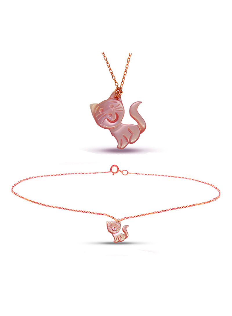 2-Piece 18K Rose Gold Pink Kitty Mother Of Pearl Jewelry Set