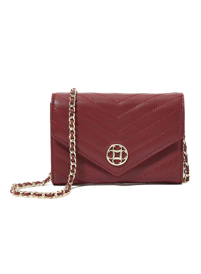 Leather Hand Bag With Metal Chain Maroon
