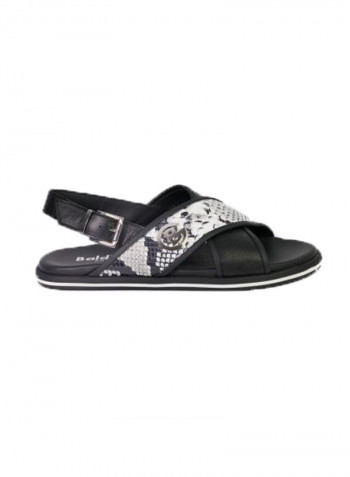 Leather Slingback Flat Sandals أسود/أبيض