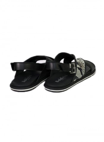 Leather Slingback Flat Sandals أسود/أبيض