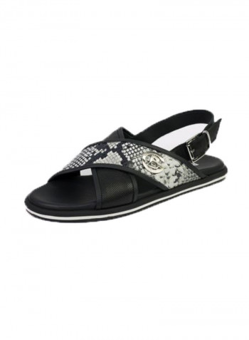 Leather Slingback Flat Sandals أسود/أبيض