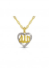 18K Solid Gold And 0.12Cts Diamonds Heart Allah Necklace