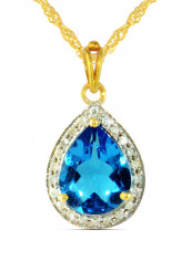 18K Gold Genuine Diamond Swiss Blue Topaz Pendant Necklace 0.12 Carat