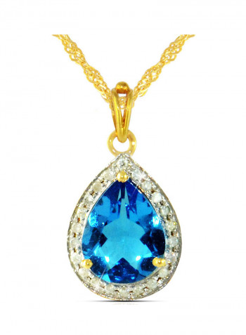 18K Gold Genuine Diamond Swiss Blue Topaz Pendant Necklace 0.12 Carat