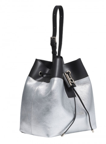 Drawstring Closure Hellen Bucket Bag Silver/Black