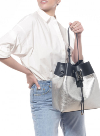 Hellen Drawstring Closure Bucket Bag Silver/Black