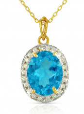 18K Gold Genuine Diamond Swiss Blue Topaz Pendant Necklace 0.12 Carat