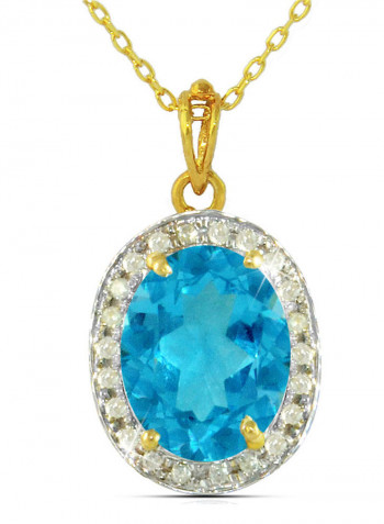 18K Gold Genuine Diamond Swiss Blue Topaz Pendant Necklace 0.12 Carat