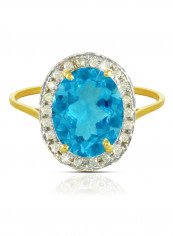 18K Gold Genuine Diamond Swiss Blue Topaz Ring 0.12 Carat