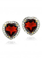18K Gold Genuine Heart Cut Garnet Diamonds Earrings