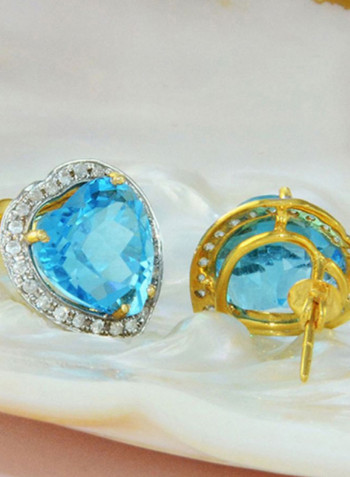 18K Gold Genuine Diamond Swiss Blue Topaz Earrings 0.28 Carat