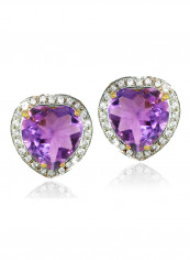 18K Gold Genuine Heart Cut Amethyst Diamonds Earrings 0.28 Carat