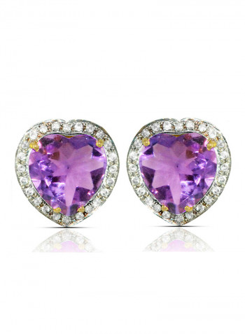 18K Gold Genuine Heart Cut Amethyst Diamonds Earrings 0.28 Carat