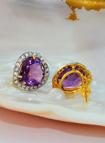 18K Gold Genuine Heart Cut Amethyst Diamonds Earrings 0.28 Carat