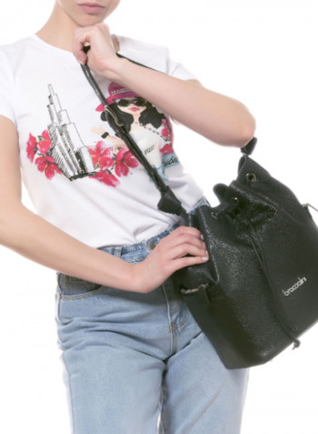 Nora Drawstring Closure Bucket Bag Black
