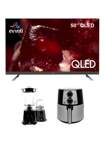 50 I2 Inch QLED Android Smart TV With SoundBar System , 1.5 Liters 600W 2 Speed Blender And 3.5 Liters Temperature Control Air Fryer 50EV350QA/EVKA-BL15B/EVKA-AF3501B Black