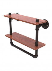 Pipeline Collection Double Ironwood Towel Bar Wood Shelf Black 16inch