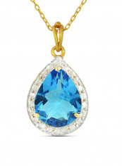 18K Gold Genuine Diamond Swiss Blue Topaz Pendant Necklace 0.12 Carat