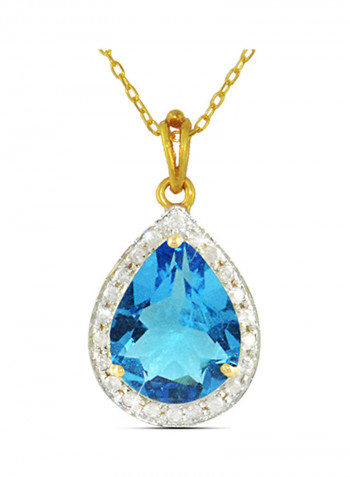 18K Gold Genuine Diamond Swiss Blue Topaz Pendant Necklace 0.12 Carat