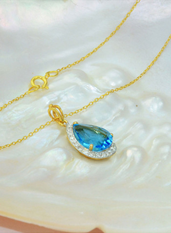18K Gold Genuine Diamond Swiss Blue Topaz Pendant Necklace 0.12 Carat