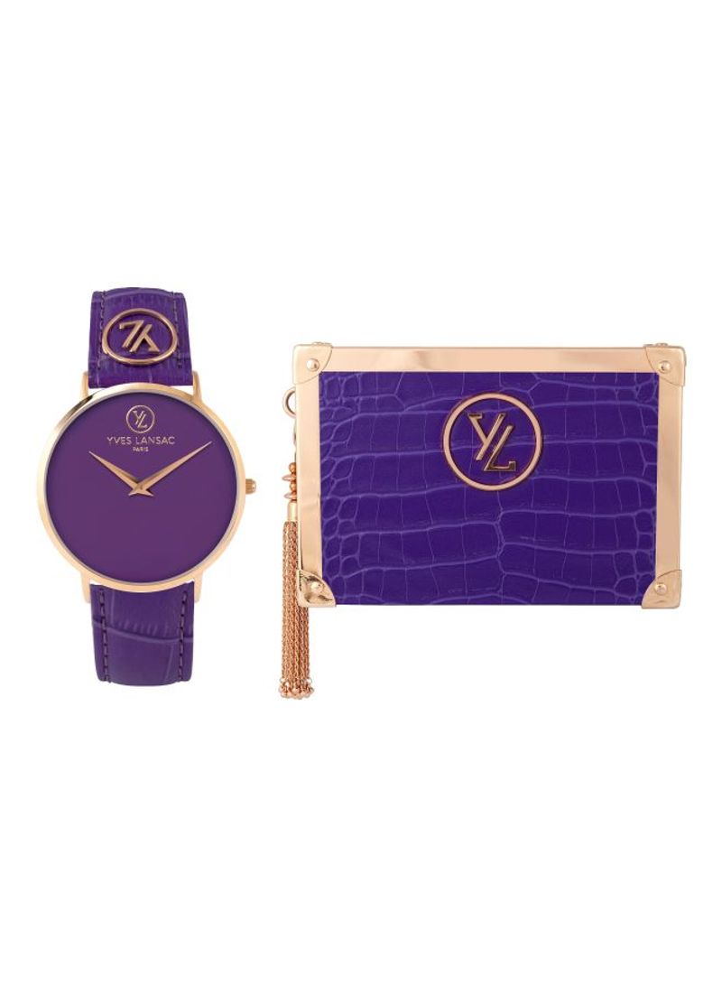 Women's Leather Analog Watch With Handbag Y6501R-01