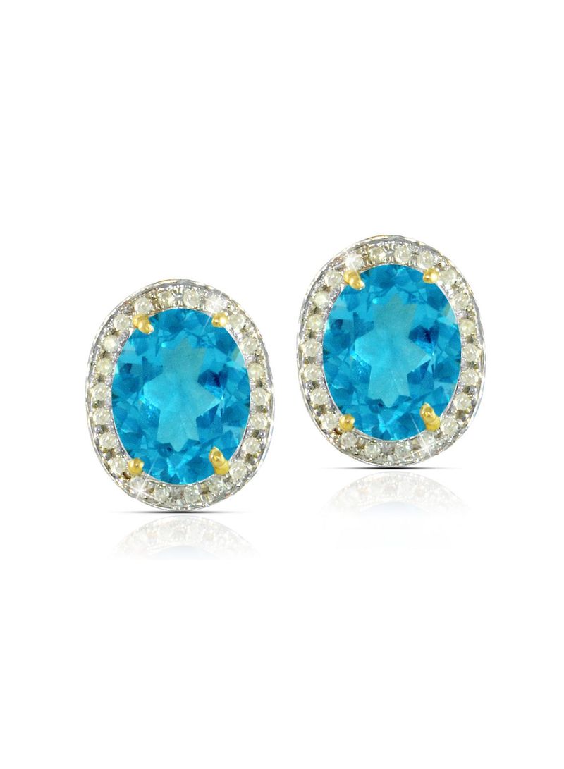 18k Gold 10mm Genuine Oval Cut Swiss Blue Topaz 0.24Ct Genuine Diamonds Earrings