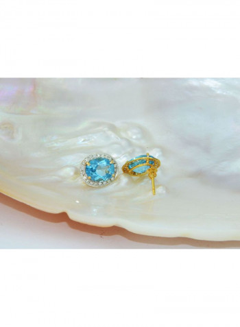 18k Gold 10mm Genuine Oval Cut Swiss Blue Topaz 0.24Ct Genuine Diamonds Earrings