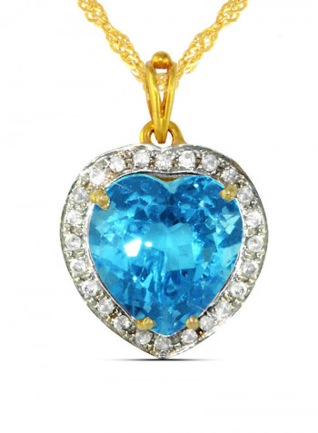 18K Gold Genuine Diamond Swiss Blue Topaz Pendant Necklace 0.14 Carat