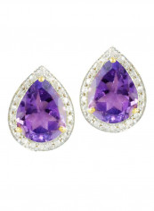 18 Karat Gold Genuine Diamond Drop Cut Amethyst Earrings