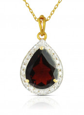 18K Gold Genuine Diamond Drop Cut Garnet Pendant Necklace 0.12 Carat