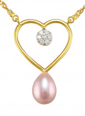 18 Karat Gold 0.07 ct Genuine Diamond And Pearl Heart Pendant Necklace