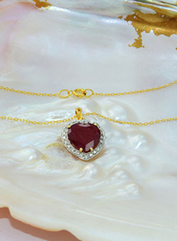 18K Gold Genuine Diamond Heart Cut Ruby Pendant Necklace 0.14 Carat