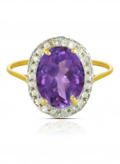 18K Gold Genuine Diamond Oval Cut Amethyst Ring 0.12 Carat