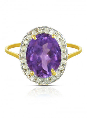 18K Gold Genuine Diamond Oval Cut Amethyst Ring 0.12 Carat