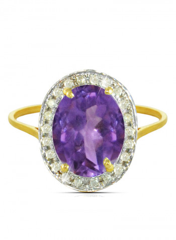 18K Gold Genuine Diamond Oval Cut Amethyst Ring 0.12 Carat