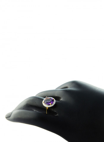 18K Gold Genuine Diamond Oval Cut Amethyst Ring 0.12 Carat
