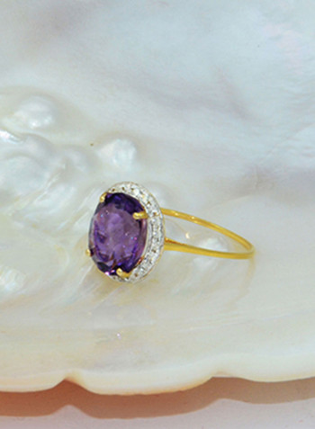 18K Gold Genuine Diamond Oval Cut Amethyst Ring 0.12 Carat