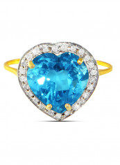 18K Gold Genuine Diamond Swiss Blue Topaz Ring 0.14 Carat