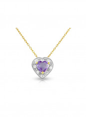 18K Solid Gold And 0.08Cts Diamonds And 5mm Genuine Amethyst Heart Necklace