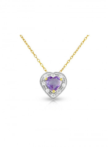 18K Solid Gold And 0.08Cts Diamonds And 5mm Genuine Amethyst Heart Necklace