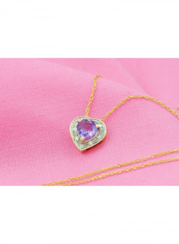 18K Solid Gold And 0.08Cts Diamonds And 5mm Genuine Amethyst Heart Necklace