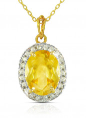 18K Gold Genuine Diamond Oval Cut Citrine Pendant Necklace 0.12 Carat
