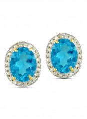 18K Gold Genuine Diamond Swiss Blue Topaz Earrings 0.24 Carat